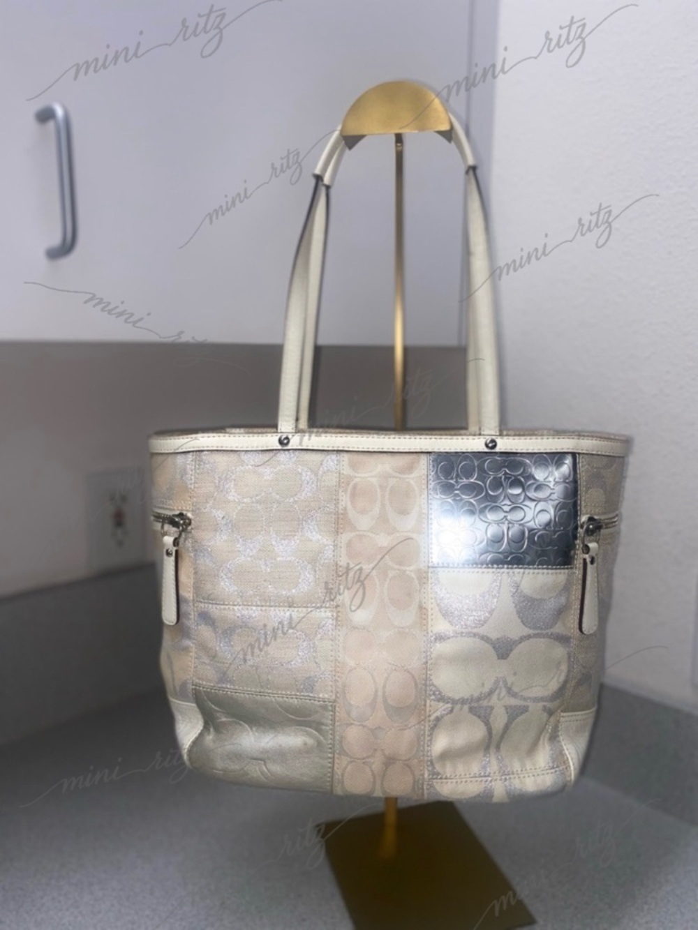 Coach Signature White, Beige and Silver Patchwork Tote GUC - Picture 4 of 15